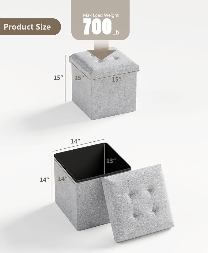 Folding Storage Ottoman Bench, Light Gray, 15 Inches | Multi-Functional Ottoman Foot Rest, End of Bed Bench, Storage Chest, Living Room, Bedroom, Hallway, Entryway, 300 lb Capacity