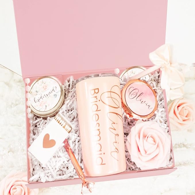 Aimyoo Pink Collapsible Gift Box with Magnetic Closure Lids 10.5x7x3 in, Bridesmaid Groomsman Proposal Boxes, Rectangle Storage Box 3 Pack