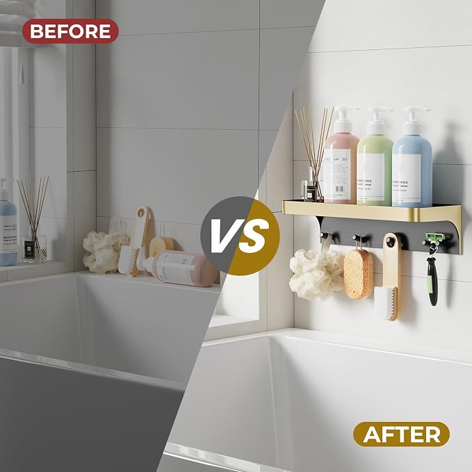 Shower Caddy Adhesive with 5 Hooks & Drainage, No-Drill, Gold | Plastic Wall Bathroom Shelf Rack Organizer, Inside Shower Storage Holder for Bath Accessories, Rustproof Bathroom Shelves