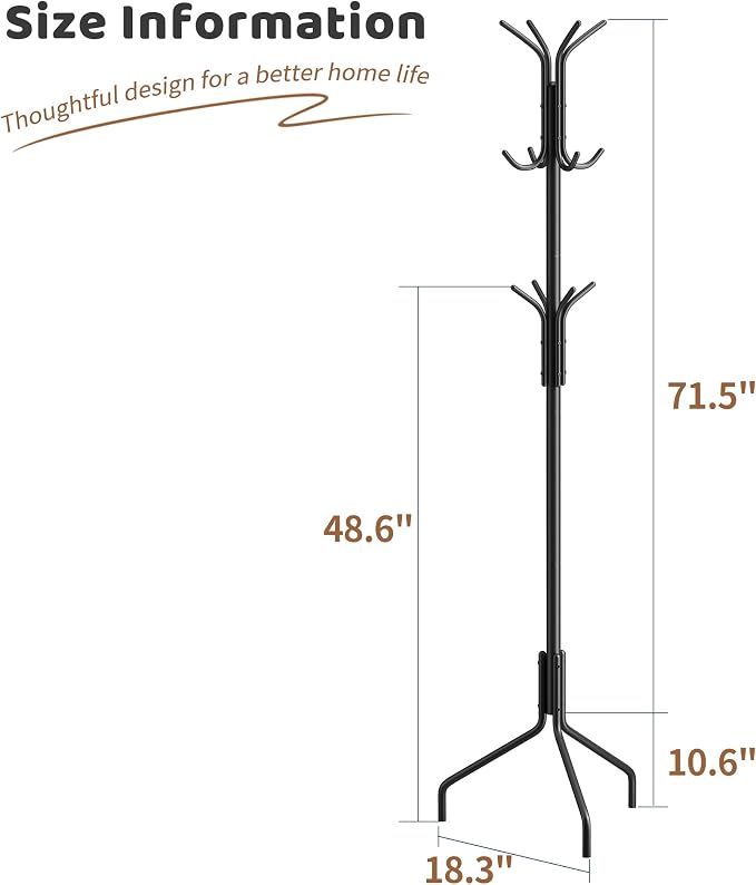 Coat Rack Freestanding Coat Tree Standing Coat and Hat Hanger Jacket Organizer Rack Metal,18.3" L x 18.3" W x 71.5" H, Black