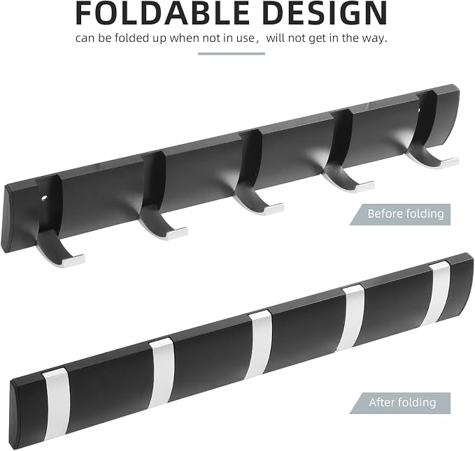 Foldable Stylish Modern Hook Rack with 5 Hooks, Coat Hooks Wall Mount, Metal Coat Hook Rail for Coat Hat Towel Purse Robes Mudroom Bathroom Entryway (Black and Silver)