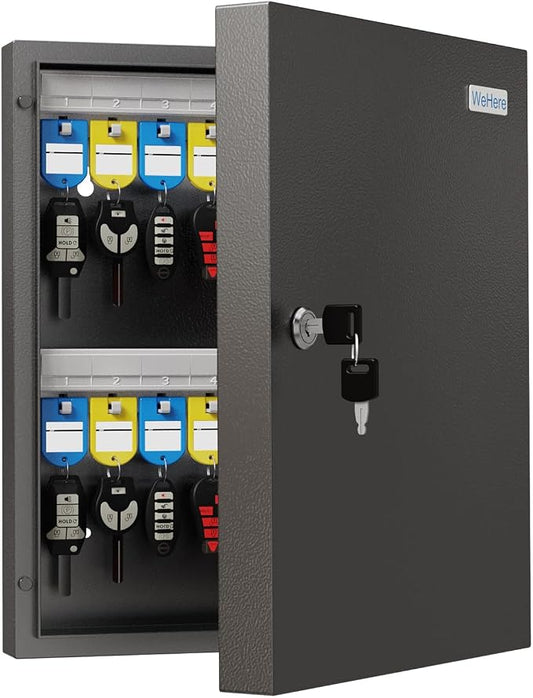 32-Keys Key Lock Box, Wall Mount Steel Key Organizer Cabinet with Key Tag | Security Key Holder Lockbox with Key Management App for Small Office, Key Storage for Home, Garage, Fleet & Valet