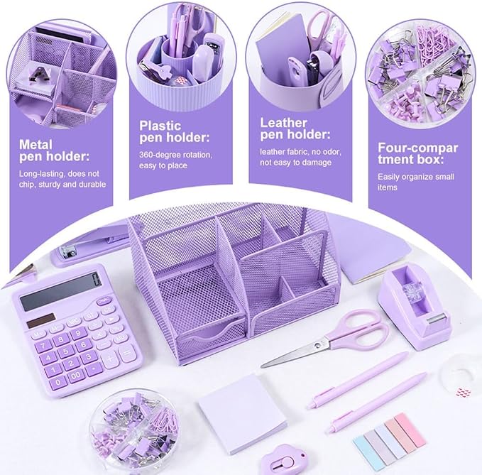 Gawsey Desk Organizers and Accessories with Desk Organizer 360° Rotating Pen Holder and Office Supplies, Cute Stationery Supplies Set (Purple)