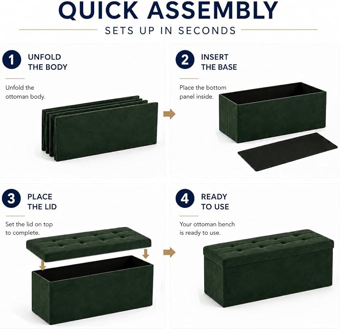 ALASDO 43 Inch Folding Storage Ottoman Bench with Hidden Storage, Velvet Storage Ottoman Foot Rest Stool, End of Bed Bench for Bedroom, Living Room, Entryway and Closet, Dark Green