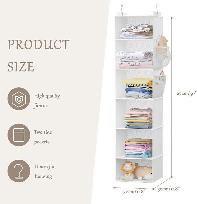 Hanging Closet Organizer and Storage with Bamboo Support, 6-Shelf Closet Hanging Storage Shelves, Closet Organizers Easy Mount Foldable for Bedroom