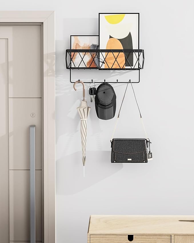 Key Holder Wall Mount Adhesive- Key and Mail Holder for Wall with 5 Hooks, Wall Mounted Mail Organizer and Key Rack, Modern Basket Key Hanger for Entryway, Home, Living Room Wall Decor, Black