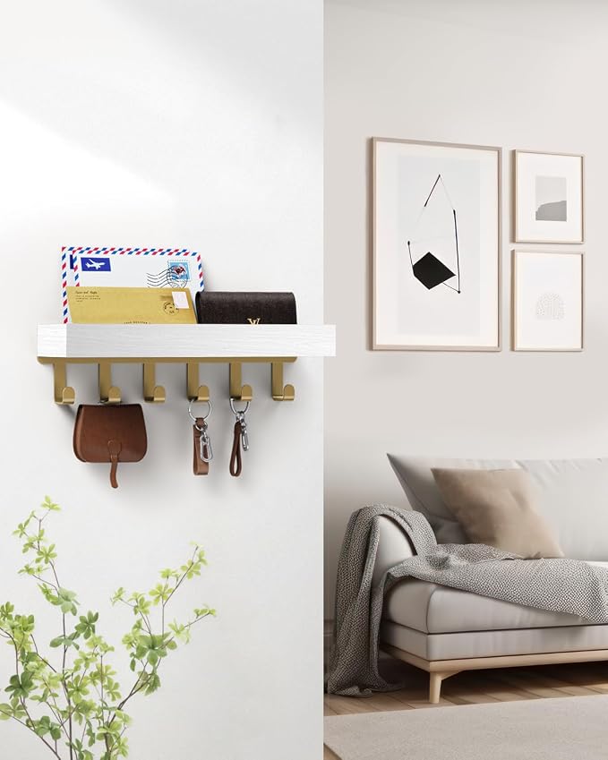 Key Holder Wall Mount Magnetic Adhesive, Key Hooks Rack with Shelf | Key Hanger with Mail Organizer for RV Camper Fridge Living Room Decor, Home Essentials, White Gold