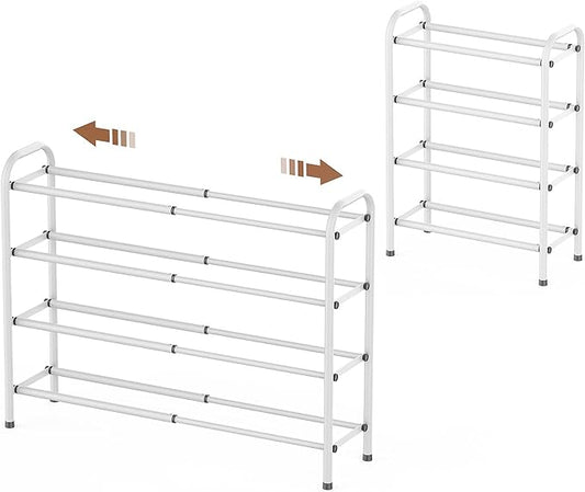 Gonfoam Expandable 4-Tier Shoe Rack for Closet and Entryway, White | Tool-Free Assembly, Metal Material, Adjustable Shoe Organizer, Sturdy, Small Space Solution, Dorms, Garages, Apartments.