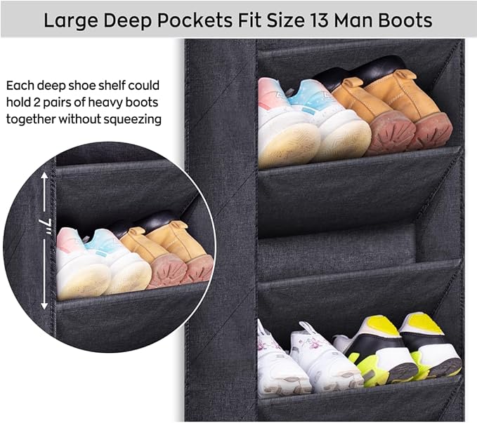 SLEEPING LAMB Over The Door Shoe Organizer for Closet with Large Deep Pockets, Narrow Shoe Rack for Door Hanging Boots Storage, Black