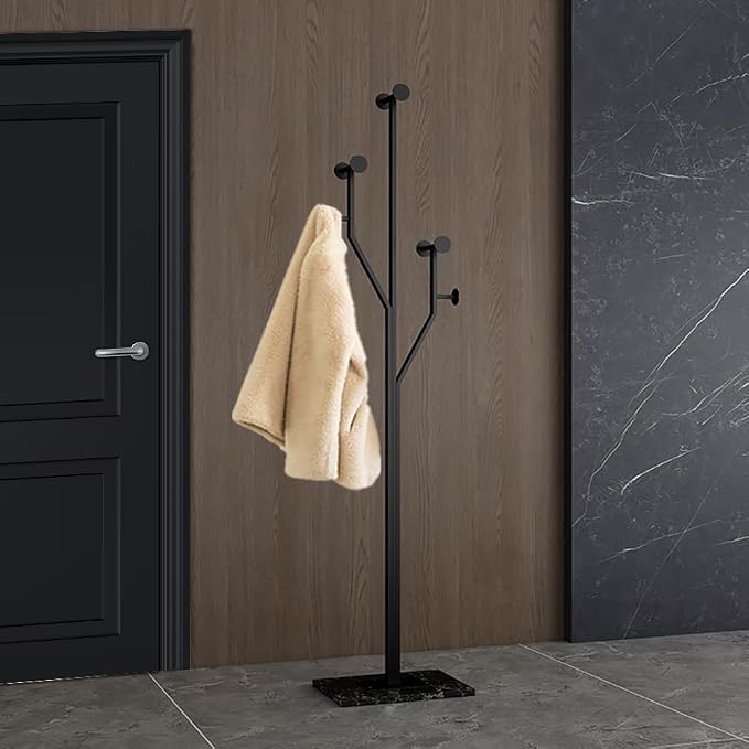 JIAYUEJU Freestanding Coat Rack Coat tree for Entryway Bedroom (Black) | Tree-shaped, Easy Assembly, Space Saver, Heavy Duty, Metal Frame, Marble Base, 8 Hooks, Living Room, Office, Corner