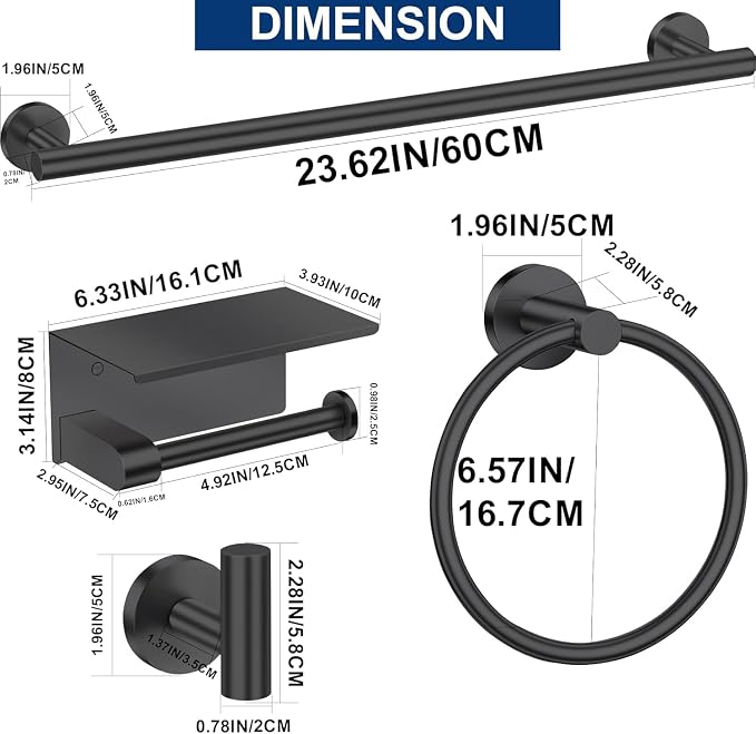 5 Pieces Matte Black Bathroom Hardware Accessories Set,24 Inch SUS304 Stainless Steel Bath Towel Holder Set, Round Bathroom Towel Bar Set, Towel Racks for Bathroom Wall Mounted