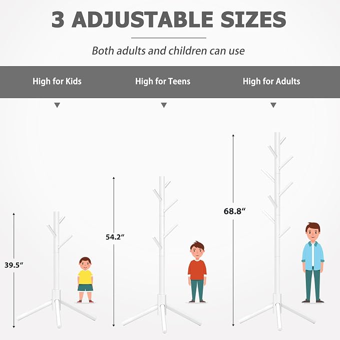 8-Hook Freestanding Coat Rack 3 Adjustable Heights White 2PCS | Easy Tool-Free Setup,Ideal for Entryway Bedroom Hallway Office,Holds Clothes Hats Handbags,Space-Saving Vertical Design