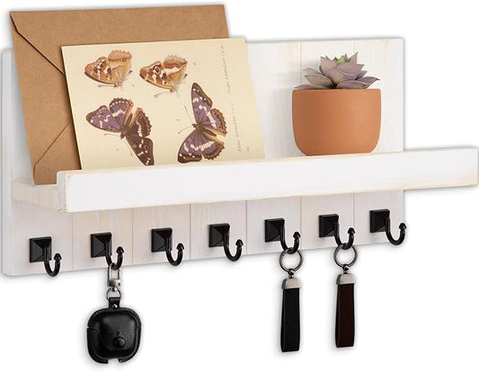 Key Holder for Wall, Decorative Key Holder with Shelf, Key and Mail Holder Wall Mount, Farmhouse Decor with 7 Key Hooks for Keys, Coats, ect.