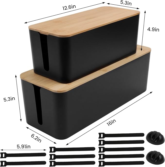 2 Pack Cable Management Box - Cord Organizer Box with Wooden Lid for TV Wires, Power Strips, Router, USB Hub & Under Desk Power: Baby & Pet Proof Cord Management, Cord Hider for Home & Office(Black)