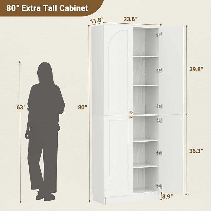 Cyclysio 80" Kitchen Pantry, Extra Tall Arch Storage Cabinet with 8 Soft Close Doors and Adjustable Shelves, Freestanding Wood Cupboard with Seamless Fit Wall for Dining Living Room Bathroom Furniture