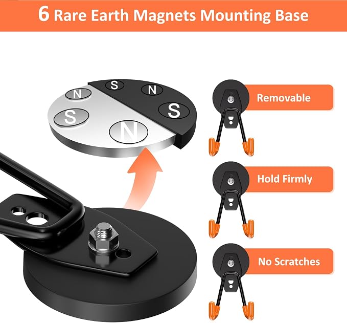 ENUODA Strong Magnetic Hooks Heavy Duty 4 Pack Magnet Garage Hook Heavy Duty Rare Earth Magnets Utility Storage Hooks for Hanging Ladder, Power Tool, Toolbox, Shovel, Broom, Extension Cord