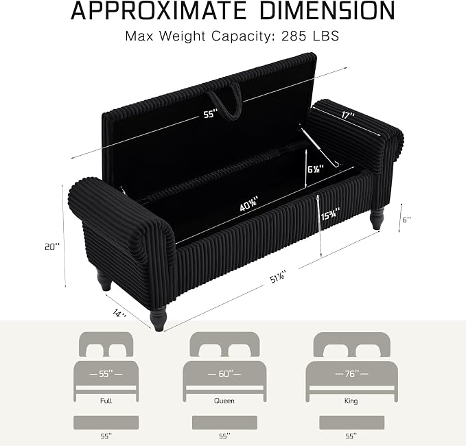 55" Corduroy Storage Ottoman Bench, Queen Bed, Black | End of Bed, Bedroom/Entryway/Closet, Window Seat, Lift-Top Storage, Tufted Button, Solid Wood Legs, for Queen & King