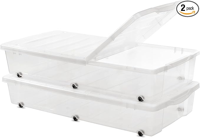 Citylife 2 Packs 57 QT Plastic Under Bed Storage Bins with Double-opening Lids Clear Underbed Storage Containers with Wheels for Organizing Shoes, Blankets, Clothes