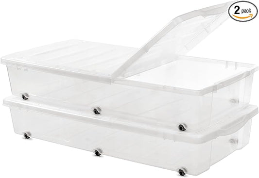 Citylife 2 Packs 57 QT Plastic Under Bed Storage Bins with Double-opening Lids Clear Underbed Storage Containers with Wheels for Organizing Shoes, Blankets, Clothes