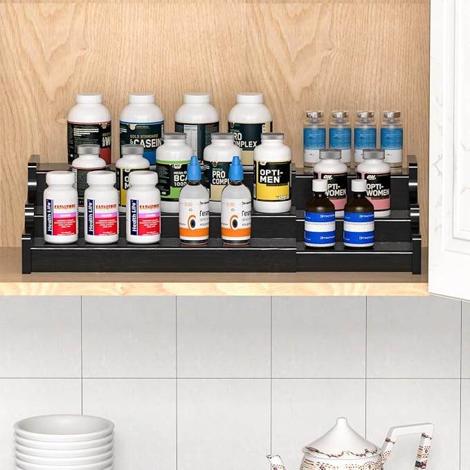 Spice Rack Organizer For Cabinet - 3 Tier Black Bamboo Wooden Expandable Display Shelf from 12.70 to 22.20 inch