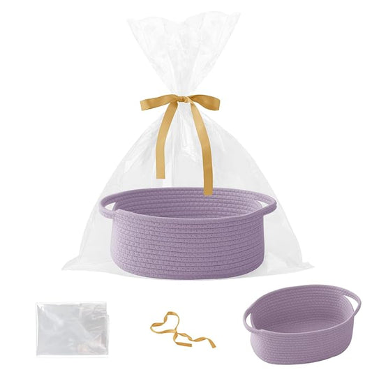 Purple Woven Rope Basket - Baby Gift Basket with Bag & Ribbon | Cotton rope with handle, 12x8x5 in, gift bag and ribbon, for baby shower, birthday, toy storage, nursery, shelf decor