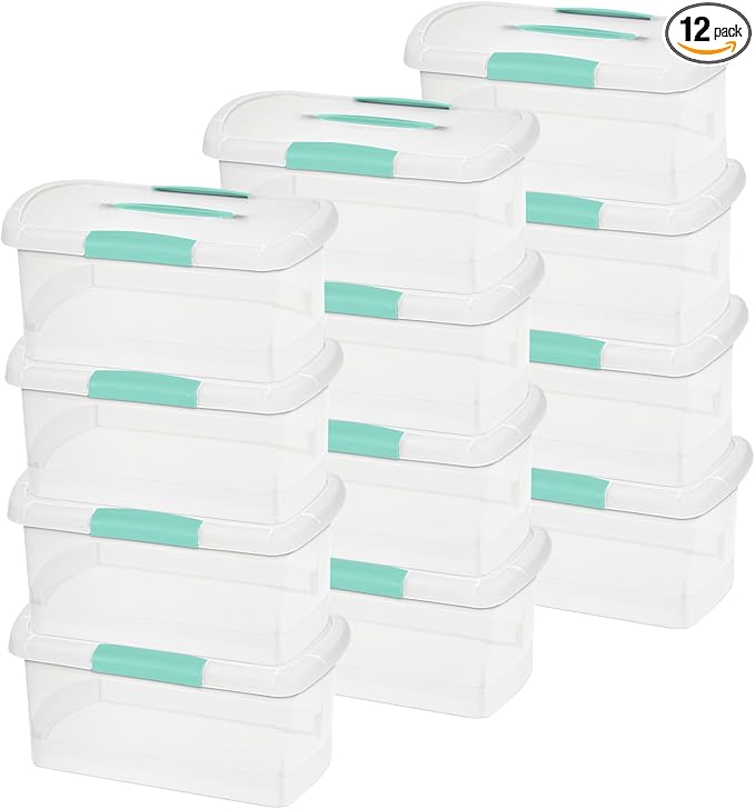 Sterilite Medium Nesting ShowOffs, Stackable Small Storage Bin with Latching Lid and Handle, Plastic Container to Organize Home, Clear, 12-Pack