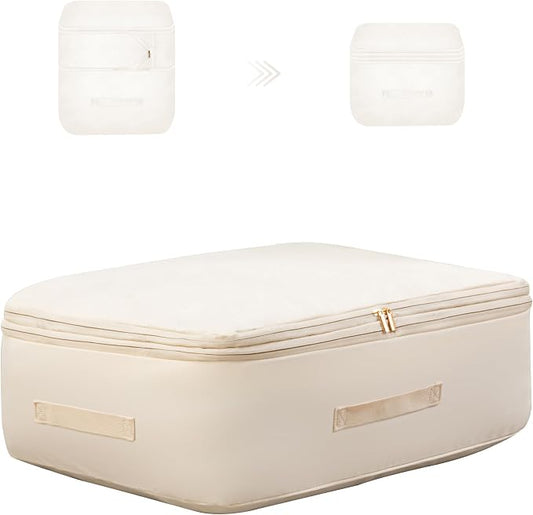Ultra Space Saving Self Compression Organizer, Comforter Storage Bag for Clothes, Blankets, Pillows, Duvet, Comforters, Bedding Sets and Much More (Khaki,L - 54 * 42 * 30cm)