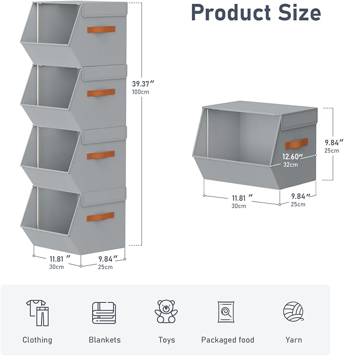 Stackable Closet Organizers and Storage Bins, Open Front Closet Shelf Organizer System With Steel Frame, Clothes Storage Basket Fabric, Collapsible Closet Drawers for Wardrobe, Nursery ,Toy, 6 Pack