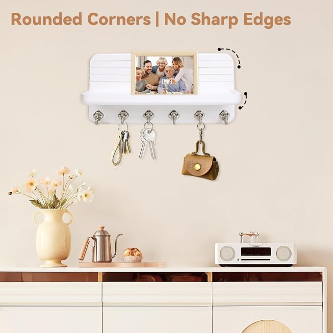 Key Holder for Wall, Mail Organizer Wall Mount with 6 Hooks Wooden Hanging Key Rack for Home Decor, Hallway, Entryway (White)