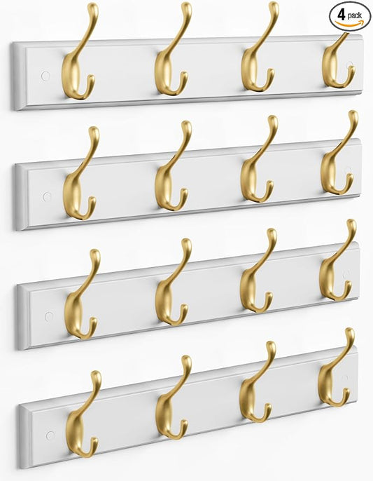 Forbena Gold Coat Rack Wall Mount, Decorative Coat Hooks for Wall, Heavy Duty Coat Hanger Key Holder for Hanging Hats, Coats, Purses, Bags Bathroom, Teen Grils Room (White and Gold, 4 x 4 Hook)