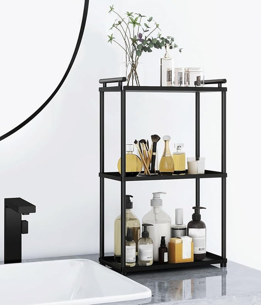 VOTZAAQ 3 Tier Bathroom Organizer Countertop, Stainless Steel Perfume Tray and Vanity Countertop Shelf, Makeup Skin Care Bathroom Organizers and Storage for Dresser, Kitchen (Matte Black)
