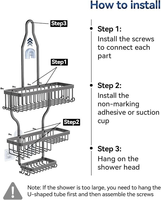 YASONIC Never Rust Shower Caddy Hanging, Aluminum Shower Racks for Inside Shower, 3-Tier Shower Organizer Hanging Over Shower Head with Hooks and Soap Holder, Grey