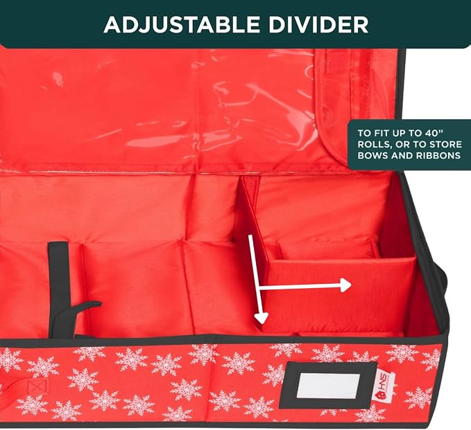 HOLDN’ STORAGE Premium Wrapping Paper Storage Container, Red w/Snowflakes | Durable 600D Tear-Proof, Fits 27 Rolls Gift Wrap, Extra Pockets for Ribbons & Bows, Underbed Storage