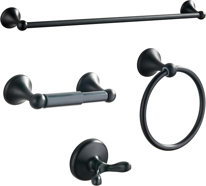 BGL Bathroom Accessory Set, Matte Black Adjustable Expandable Towel Bar 4-Piece Bathroom Hardware Set Wall Mounted Robe Hook Toilet Paper Holder Towel Ring Towel Bar
