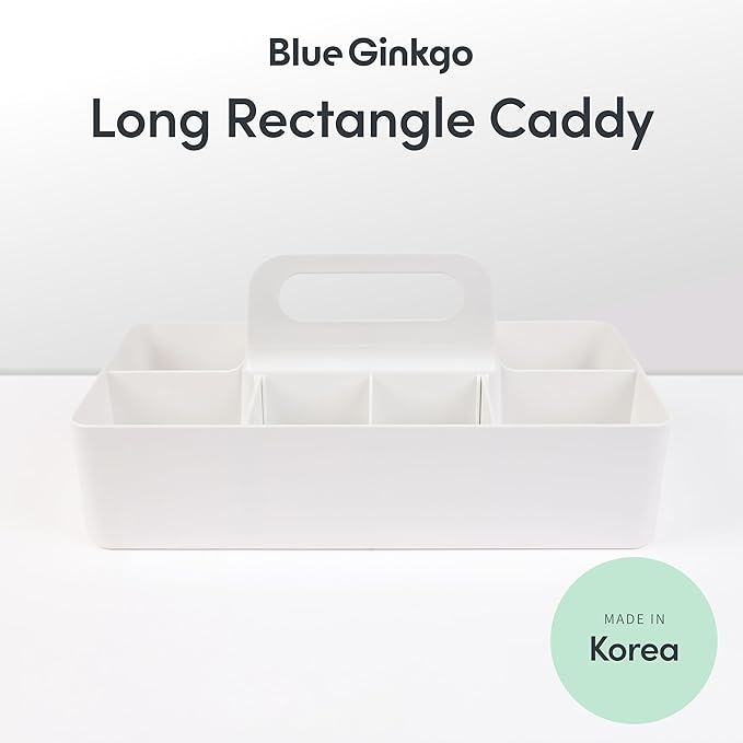 BLUE GINKGO Stackable Organizer Caddy, Long, White, Made in Korea | Portable. Adjustable. Home, Office & School Storage.