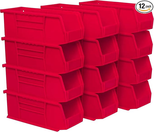 Akro-Mils 30224 AkroBins Plastic Storage Bins, 11"x 4"x 4", Red, 12-Pack | Space-Saving Stackable Bins for Garage, Pantry, Craft Organization