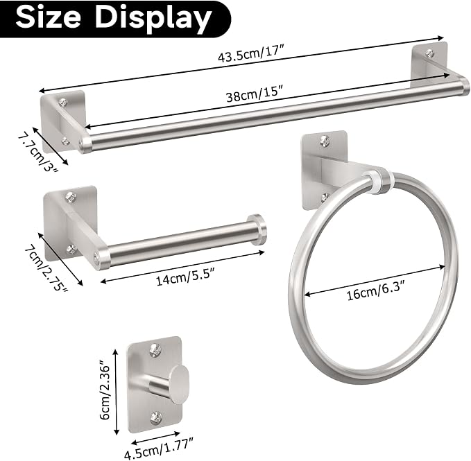 KLJKPA Brushed Nickel Bathroom Accessories Set, 4 PCS Bathroom Hardware Set | 16 inch Towel Bar, Towel Racks for Bathroom, Robe Towel Hooks, Toilet Paper Holder Wall Mounted