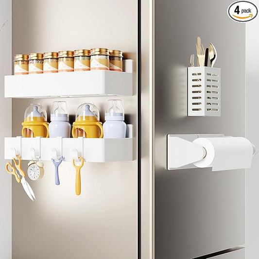 Mystozer Magnetic Spice Rack for Refrigerator,2 Pack Magnetic Shelf and 1Pack Paper Towel Holder and 1 Pack Utensils Rack,Fridge Organizers and Storage White(4 Pack)