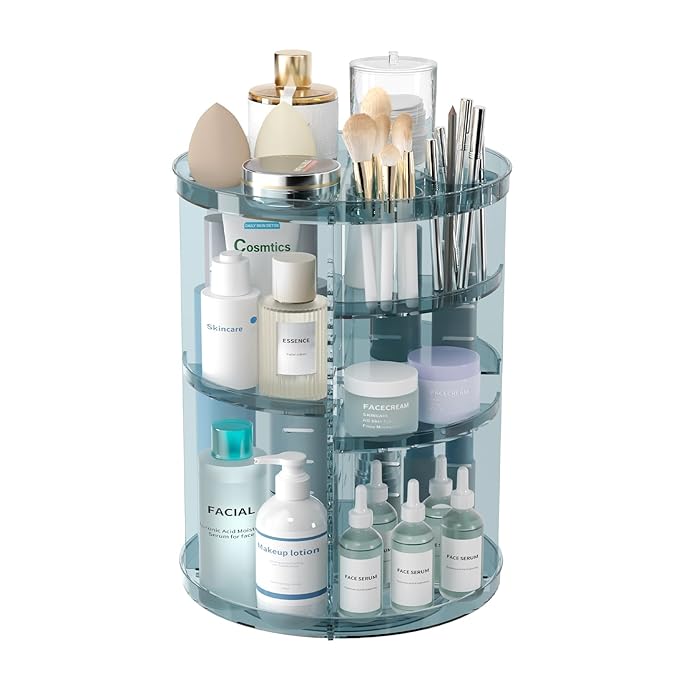Rotating Makeup Organizer, DIY 8 Adjustable Layers Spinning Skincare Storage, Cosmetic Display Case with Brush Holder and Perfume Tray, Multi-Function Vanity Bathroom Countertop Organizer Clear Blue