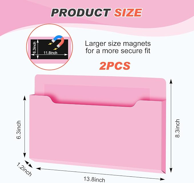 Feifeiya 2 Pcs Magnetic File Folder Wall Hanging Holder Large Pocket Paper Magazine Mail Organizer for Refrigerator Classroom Locker Whiteboard(Horizontal,Pink Color,13.8 x 8.3 Inches)