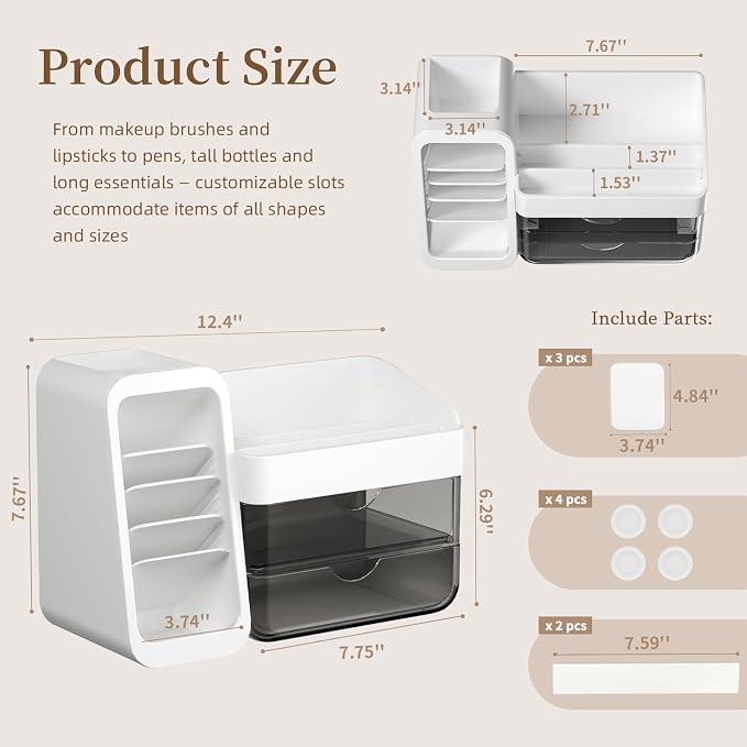 Makeup Organizer Countertop with DIY Adjustable Brush Holder for Vanity | Thickened Material, Large Bathroom Organizer Skincare Storage for Perfume, Lipstick, Nail Polish, Eyeshadow Palettes, White
