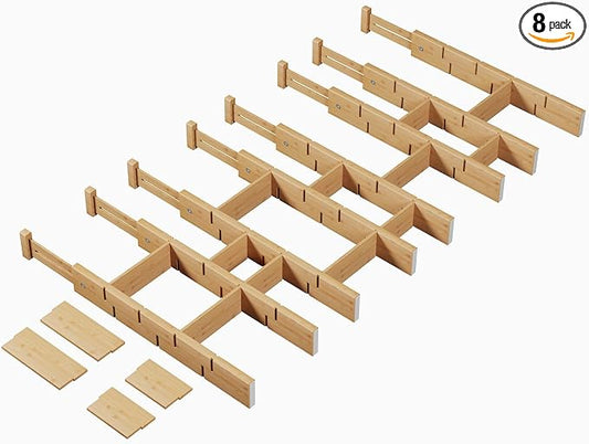 Bamboo Drawer Dividers 8 Pack with Inserts, Kitchen Adjustable Drawer Organizers for Home, Bedroom, Dresser, Expandable Organization 8 Dividers with 16 Inserts