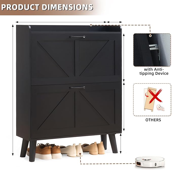 LEYAOYAO Shoe Cabinet Storage for Entryway with 2 Flip Drawers Rack Narrow Organizer Slim Hidden Wood Shoe Cabinet Furniture Black