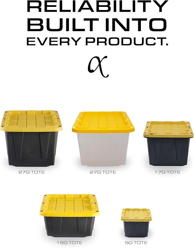 CX Heavy Duty 17-Gallon Stackable Plastic Storage Bins with Lids, 4 Pack | Storage totes for garage organization, Stackable containers, weather-resistant, snap lid, 12.5H x 18W x 26.9D, Black/Yellow