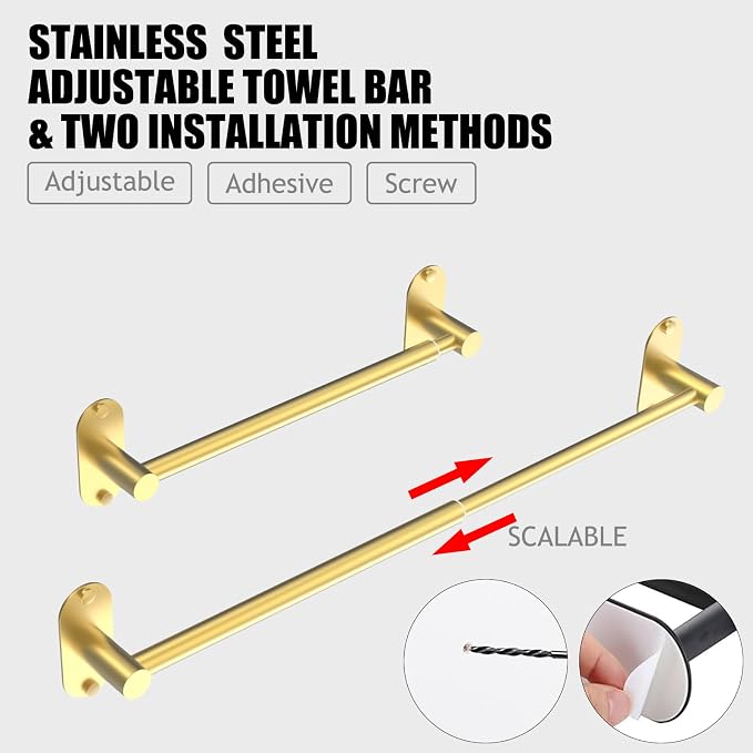 Towel Bar, Adjustable 14.4inch - 25.2inch Towel Rack, Self Adhesive & Wall Mounted for Bathroom Kitchen Hand Towel Holder Cloths Hanger SUS 304 Stainless Steel Single Bar (4, Gold)