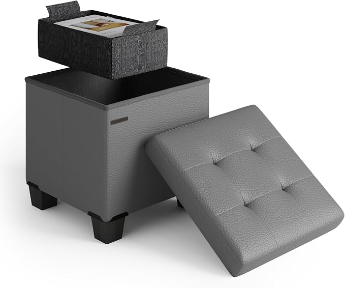 Storage Ottoman Cube with Small Bin, 15-in Square Ottoman with Storage for Living Room and Bedroom, Small Ottomans Foot Rest, Faux Leather Foot Stools Ottomans Max 330lbs, Grey