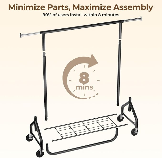 HYSEYY Heavy-Duty 450LBS Capacity Metal Clothes Rack，Rolling Clothing Rack with Wheels & Shelves, Portable Standing Wardrobe Rack for Hanging Clothes, Black (Black, L)
