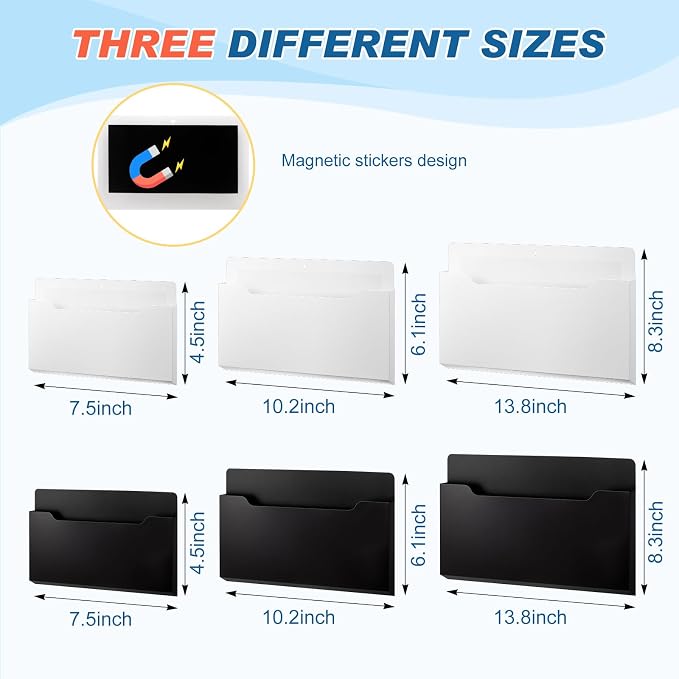 6 Pcs Magnetic Wall File Organizer Magnetic Wall File Holder Refrigerator Magazine Holder for Mail Letters Paper(Black, White,Horizontal-3 Mixed Size)