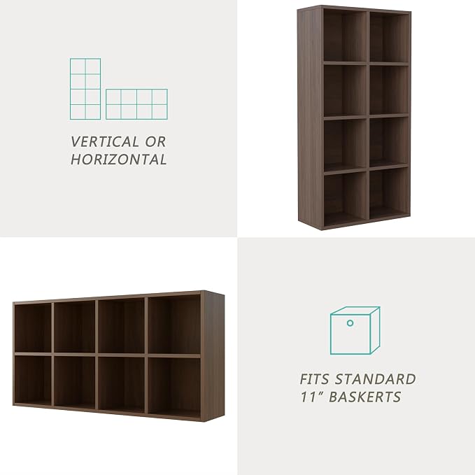 OSCHF 8-Cube Storage Shelf Bookcase, Walnut | Wooden 4-Tier Open Bookshelf, Fits 11×11" Bins, Vertical or Horizontal Use, Full Back Panels, For Home Office