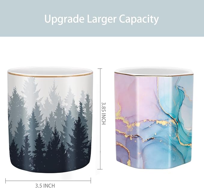 Large Capacity Pen Pencil Holder for Desk, Ceramic Pens Cup Cute Makeup Brushes Holder, Unique Desk Multifunctional Pen Organizer for Home, Office, and School, Forest Pattern